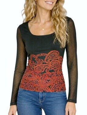 Kay Unger New York Y2K Era Black Abstract Paisley Print Knit Top Side Ruching L